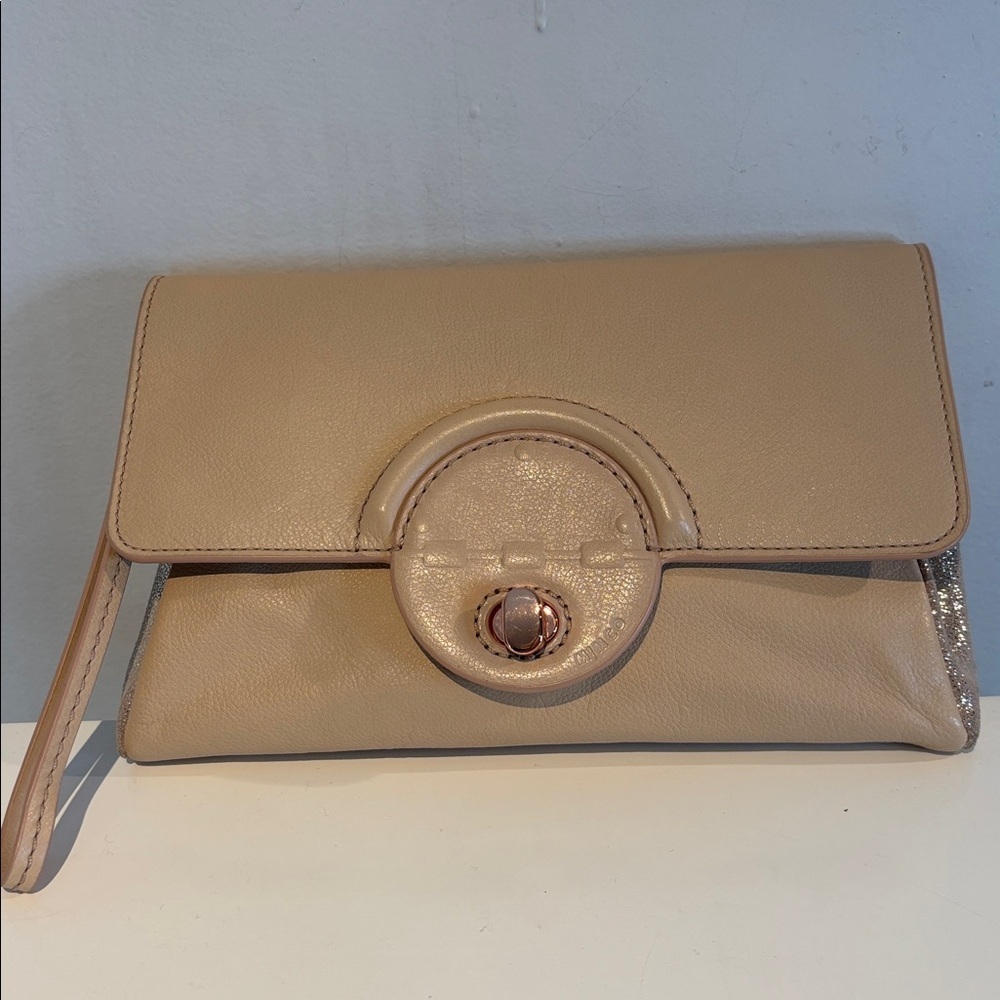 Mimco genuine leather tan-pink metallic silver clutch bag